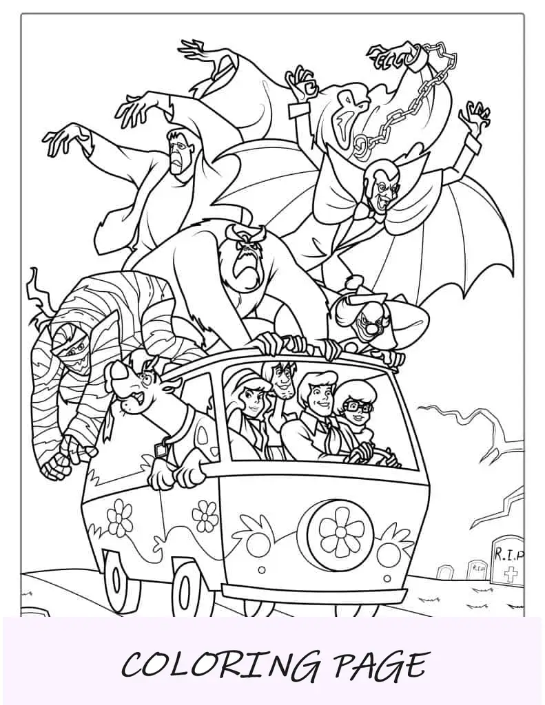 La pandilla de Scooby-Doo es perseguida por un monstruo para colorear