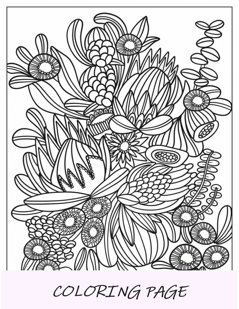 Página para colorir abstrata formas florais e de folhas