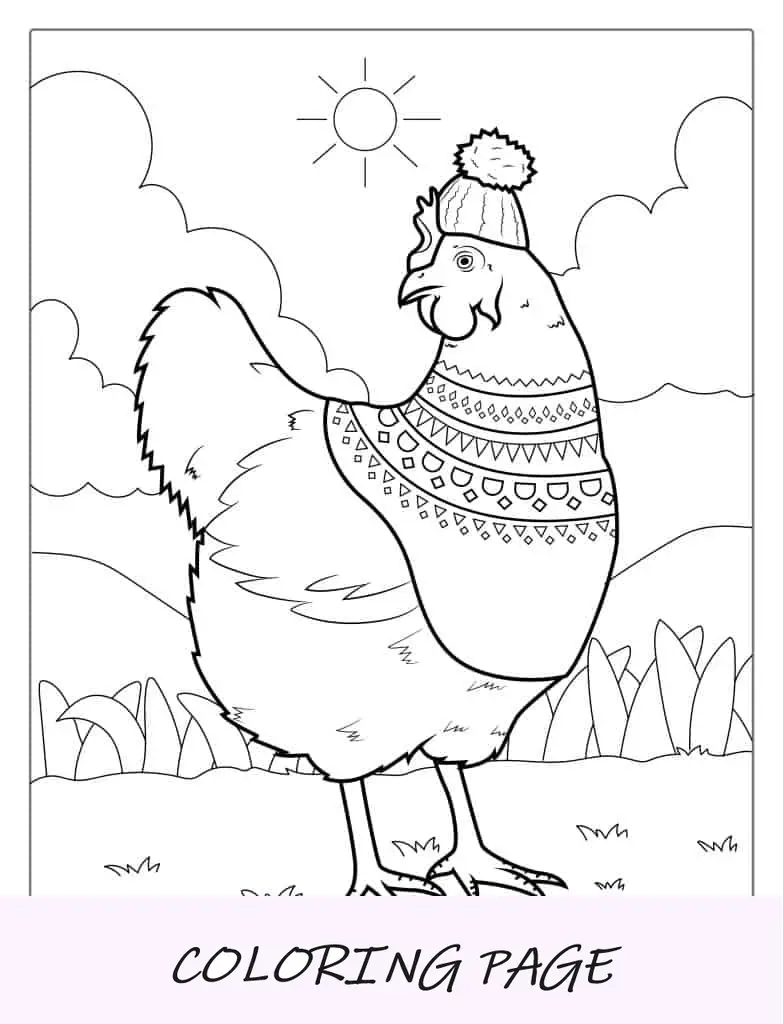 Pollo con suéter y gorro para colorear