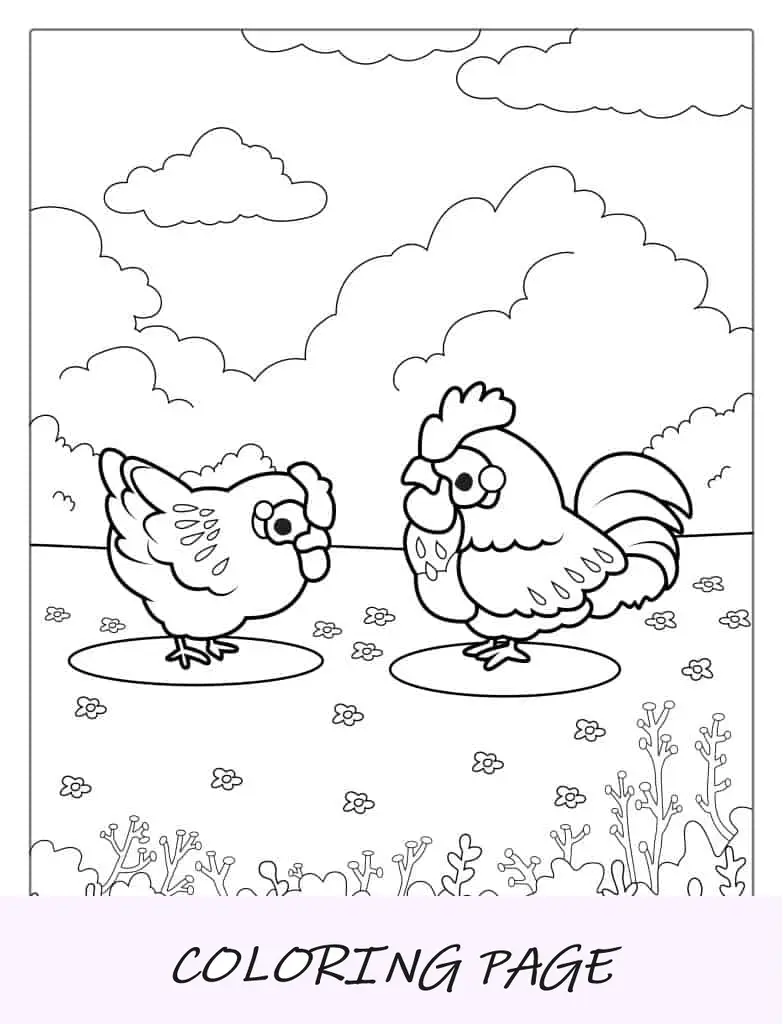 Dos pollos de dibujos animados buscando comida