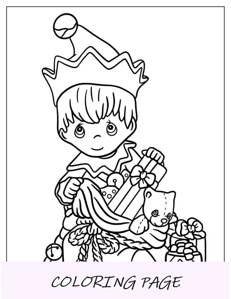 Adorável elfo embalando saco de Papai Noel para colorir