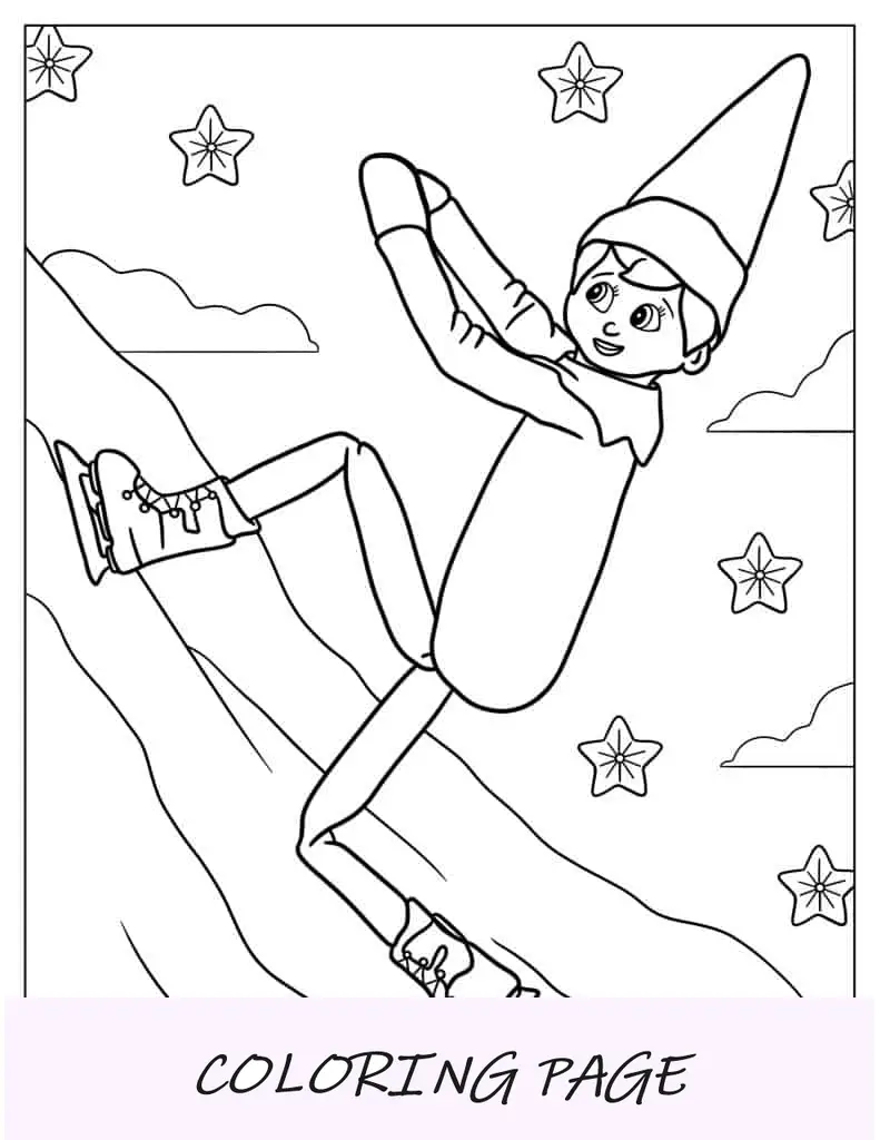 Elfo na prateleira patinando no gelo para colorir
