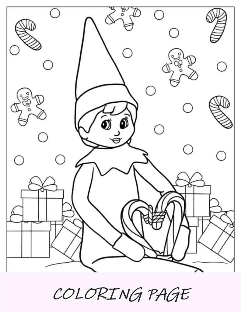 Elfo na prateleira com bastões de doces e presentes