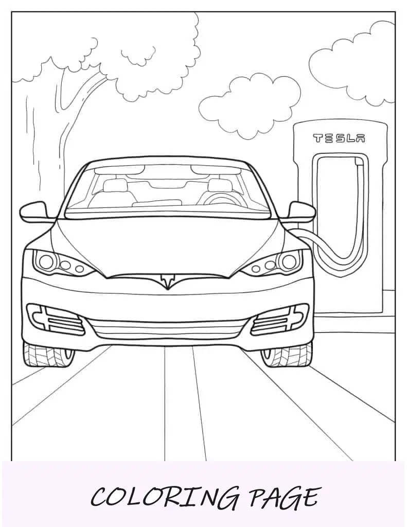 Página para colorir do Tesla Model S sendo carregado