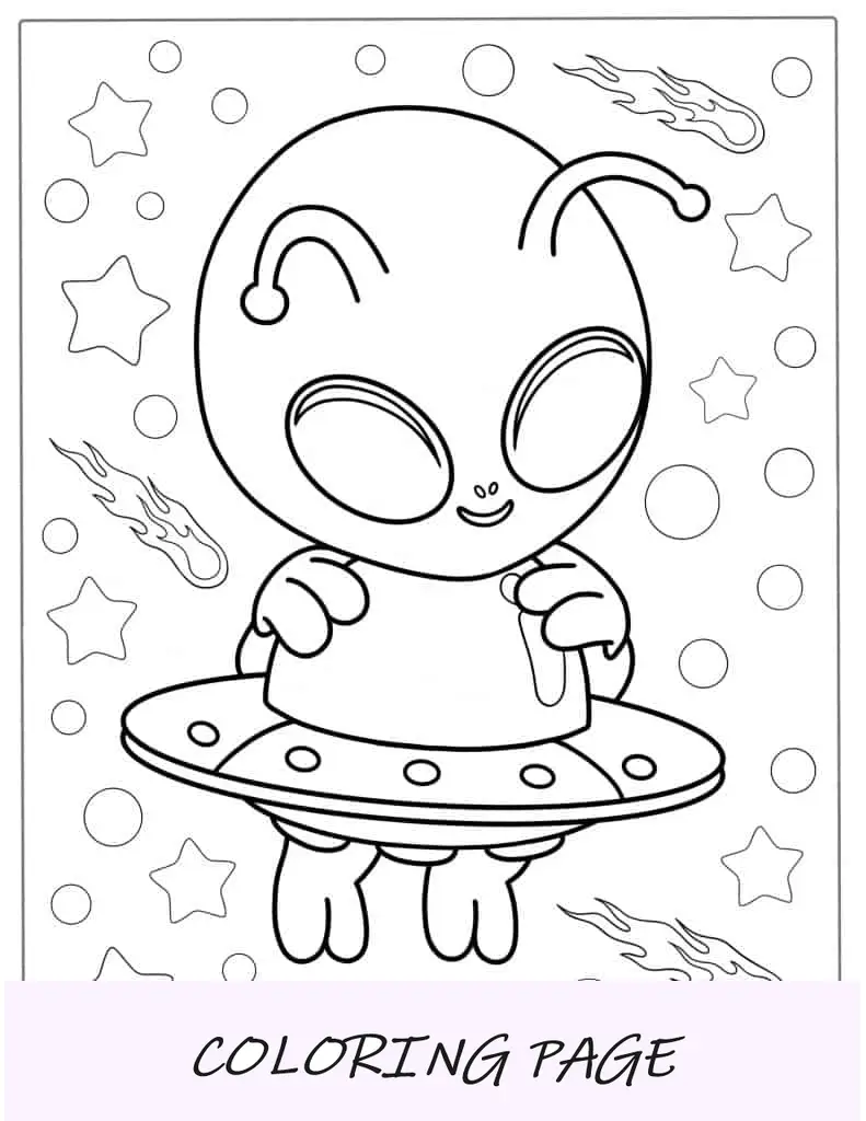 Alienígena Kawaii fofo com nave espacial para colorir