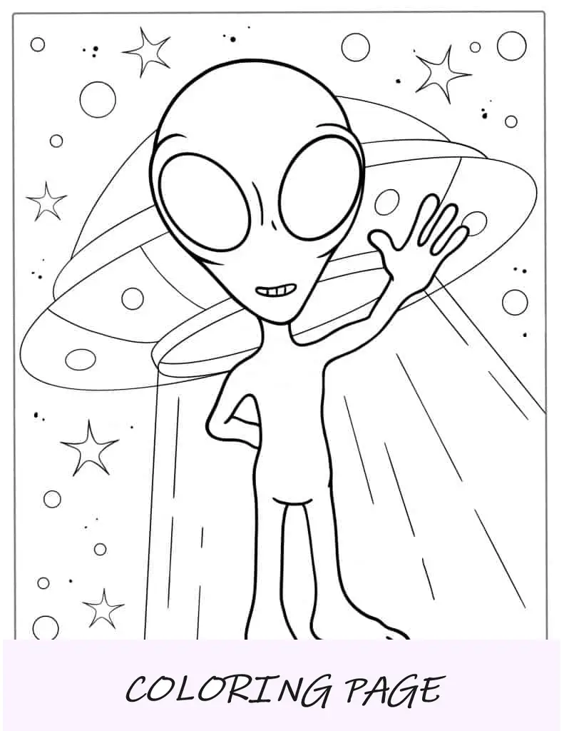 Contorno simples de alienígena cinza com OVNI