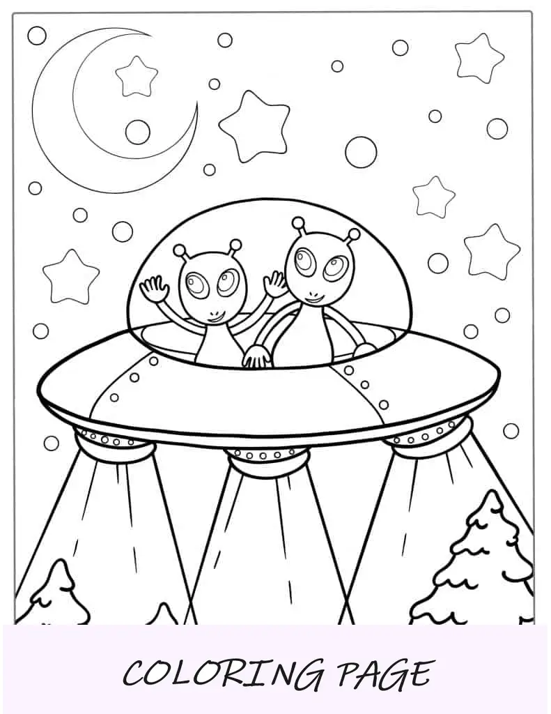 Esboço fácil de dois alienígenas em OVNI para colorir