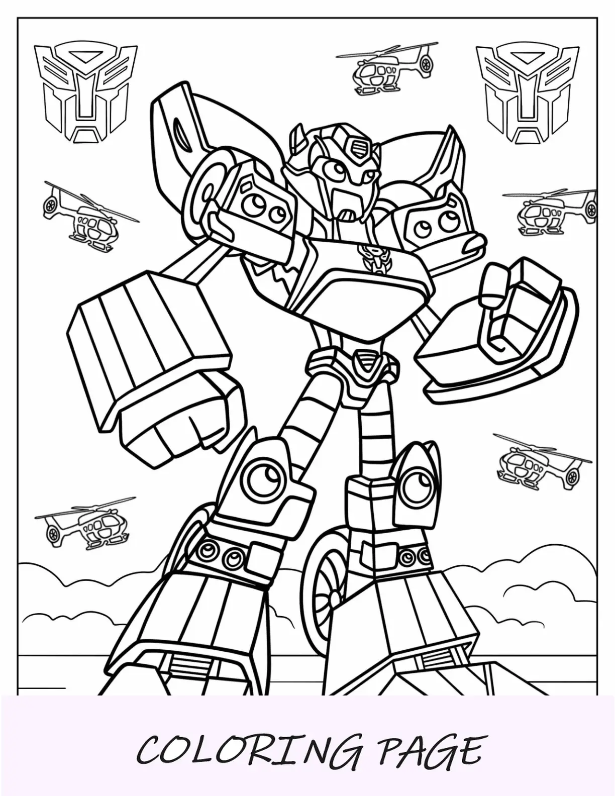 Página para colorir de desenho animado Bumblebee com helicópteros para crianças