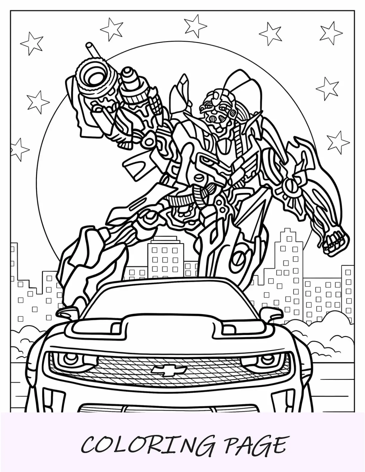Página para colorir Bumblebee disparando feixe de laser atrás do Chevrolet Camaro