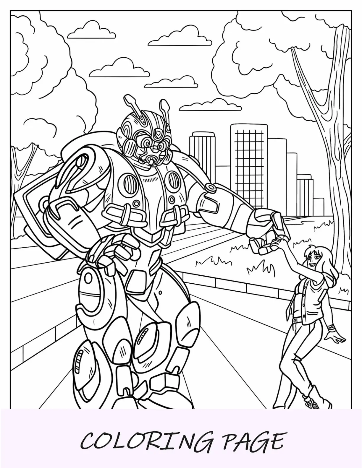Página para colorir do Cartoon Bumblebee dançando com Charlie Watson