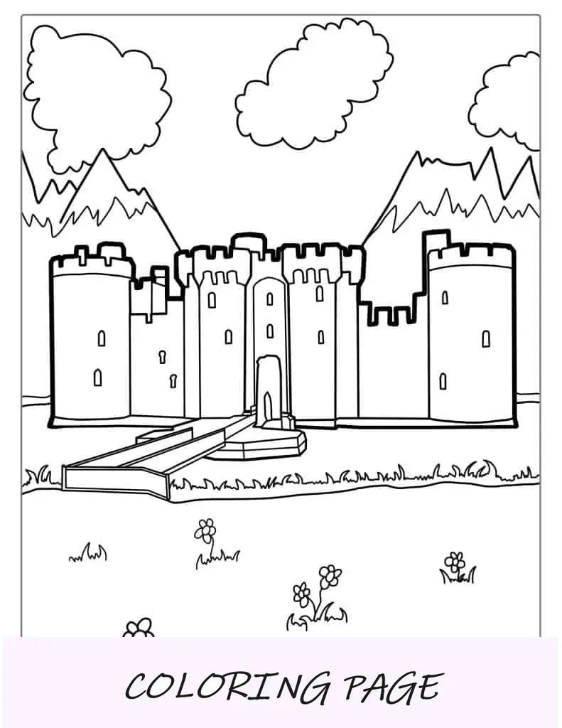 Página para colorir de castelo com ponte levadiça