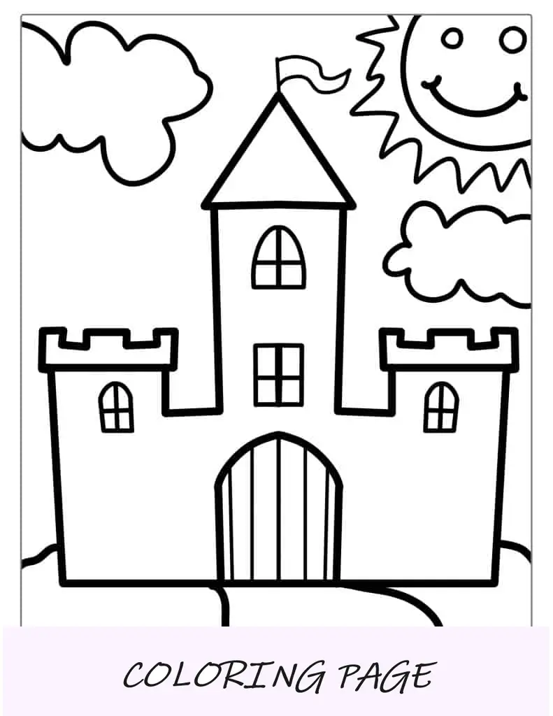 Folha para colorir de castelo fácil para crianças em idade pré-escolar