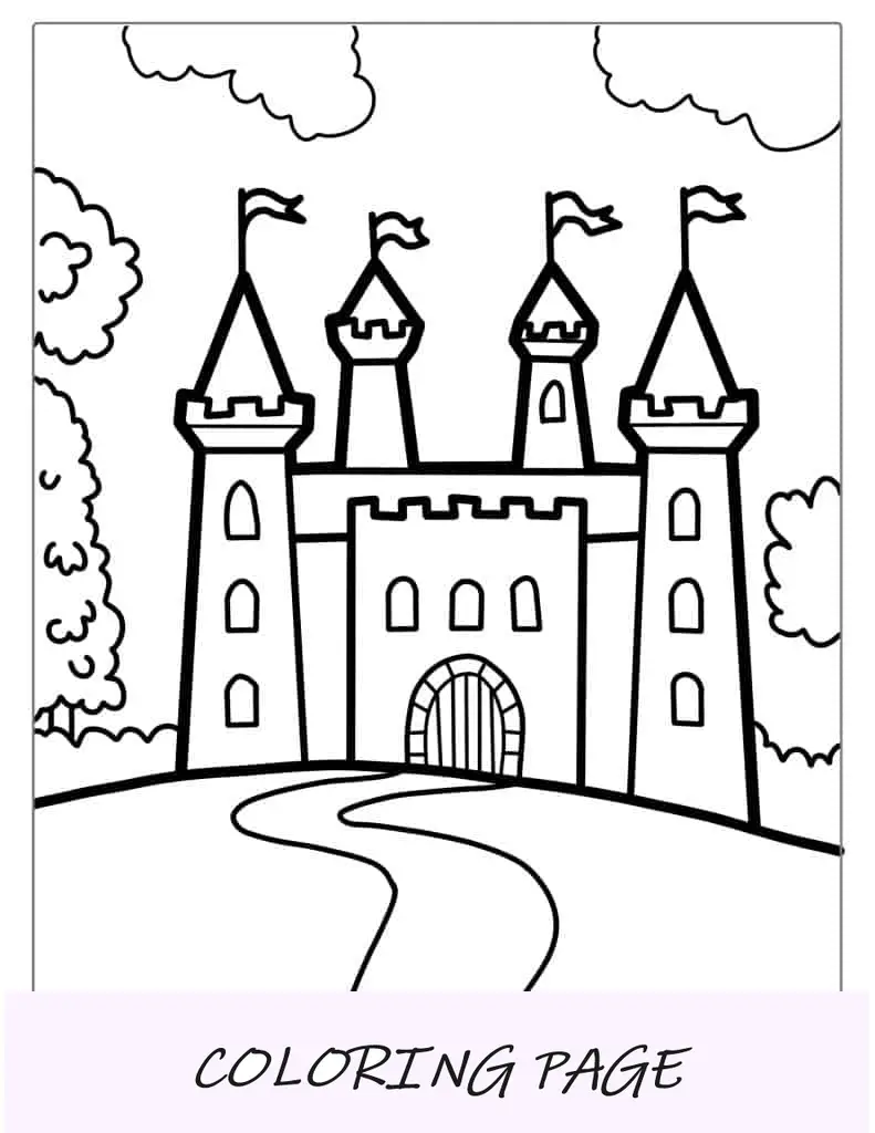 Contorno simples de castelo com bandeiras para crianças