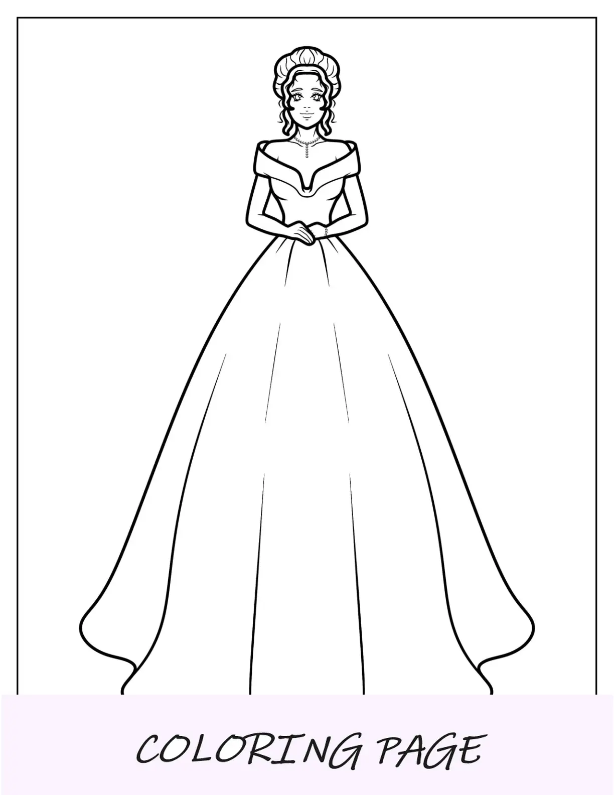 Página para colorir de vestido longo sem ombro para crianças