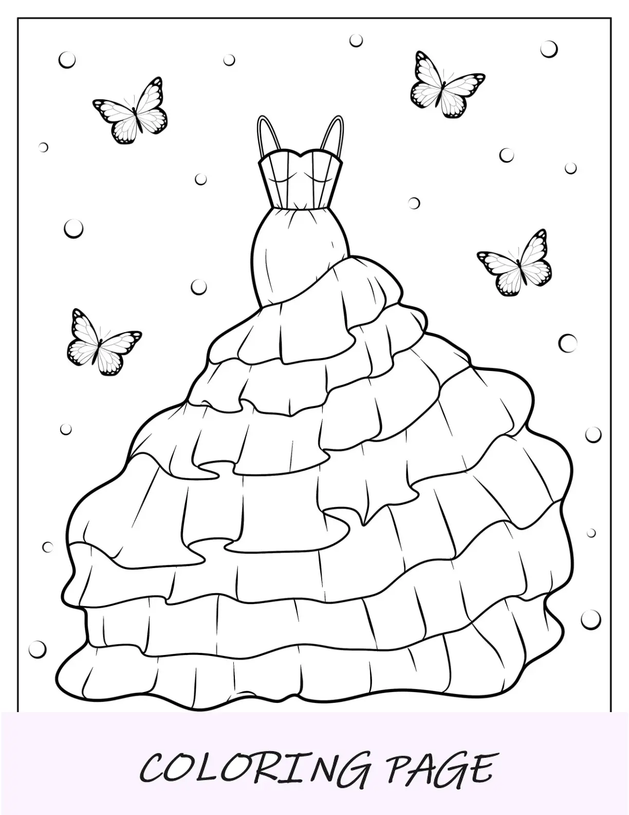 Página para colorir de vestido sereia com parte inferior de tule grande em camadas