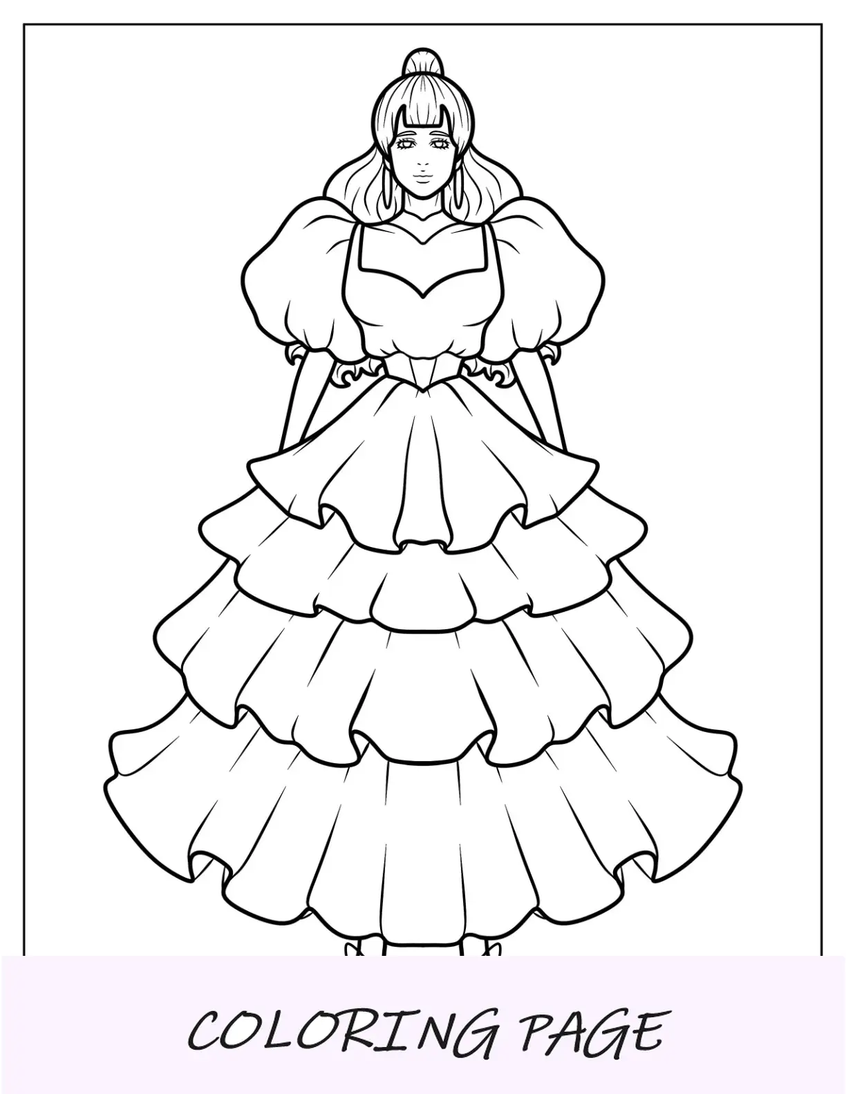 Página para colorir de vestido longo com mangas bufantes e saia em camadas para colorir