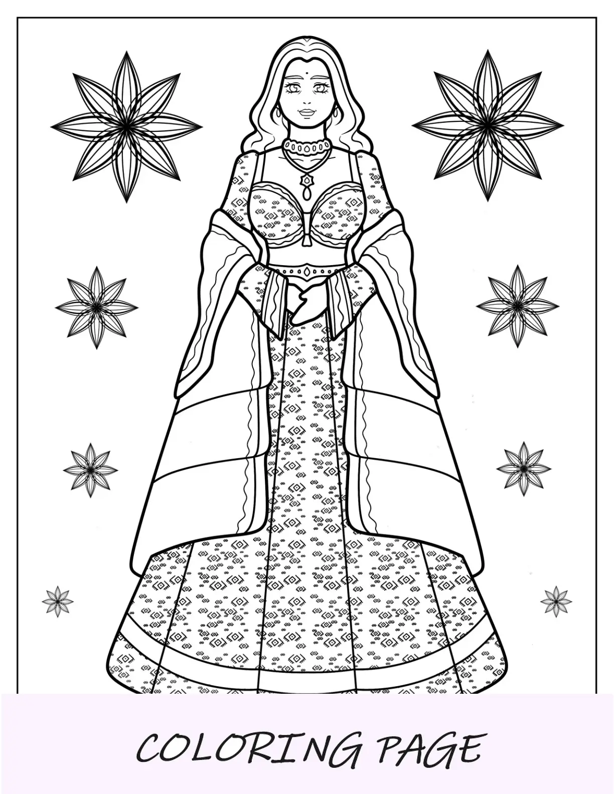Página para colorir de mulher indiana usando vestido sari elegante