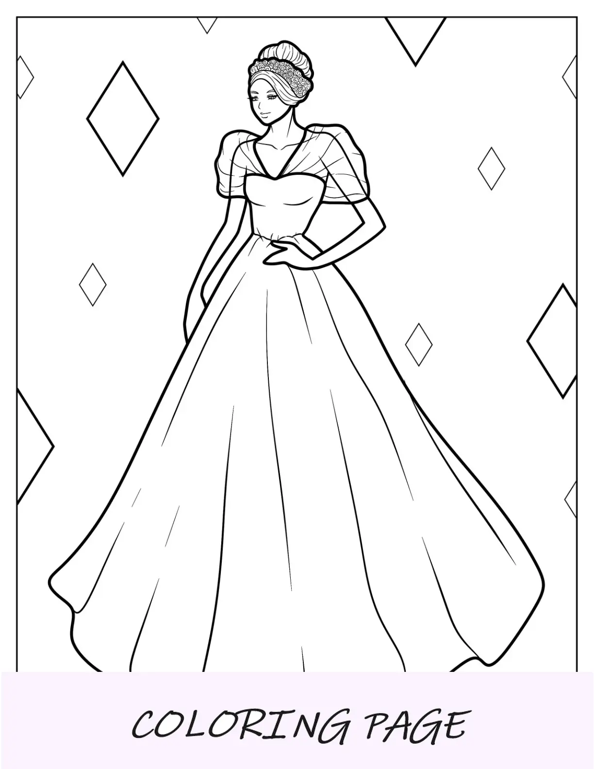 Vestido para colorir página de vestido de baile com mangas bufantes transparentes