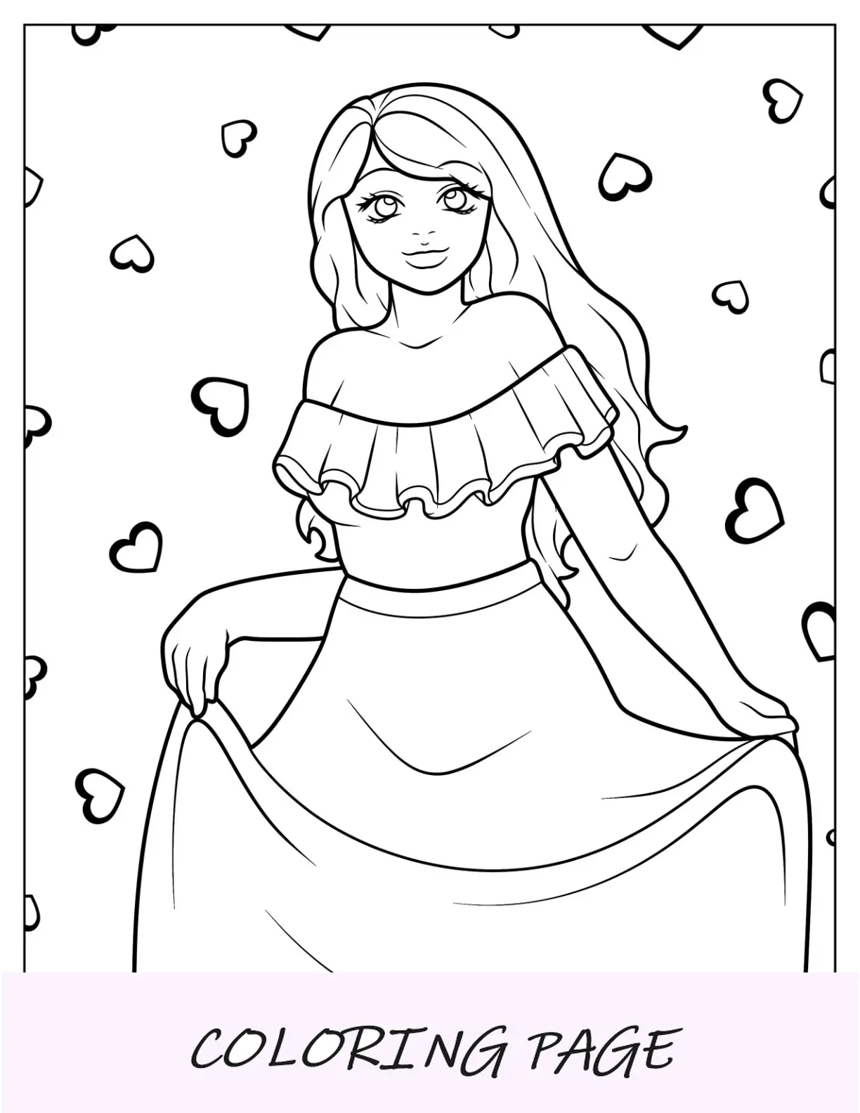 Desenho para colorir de vestido sem ombros com babados