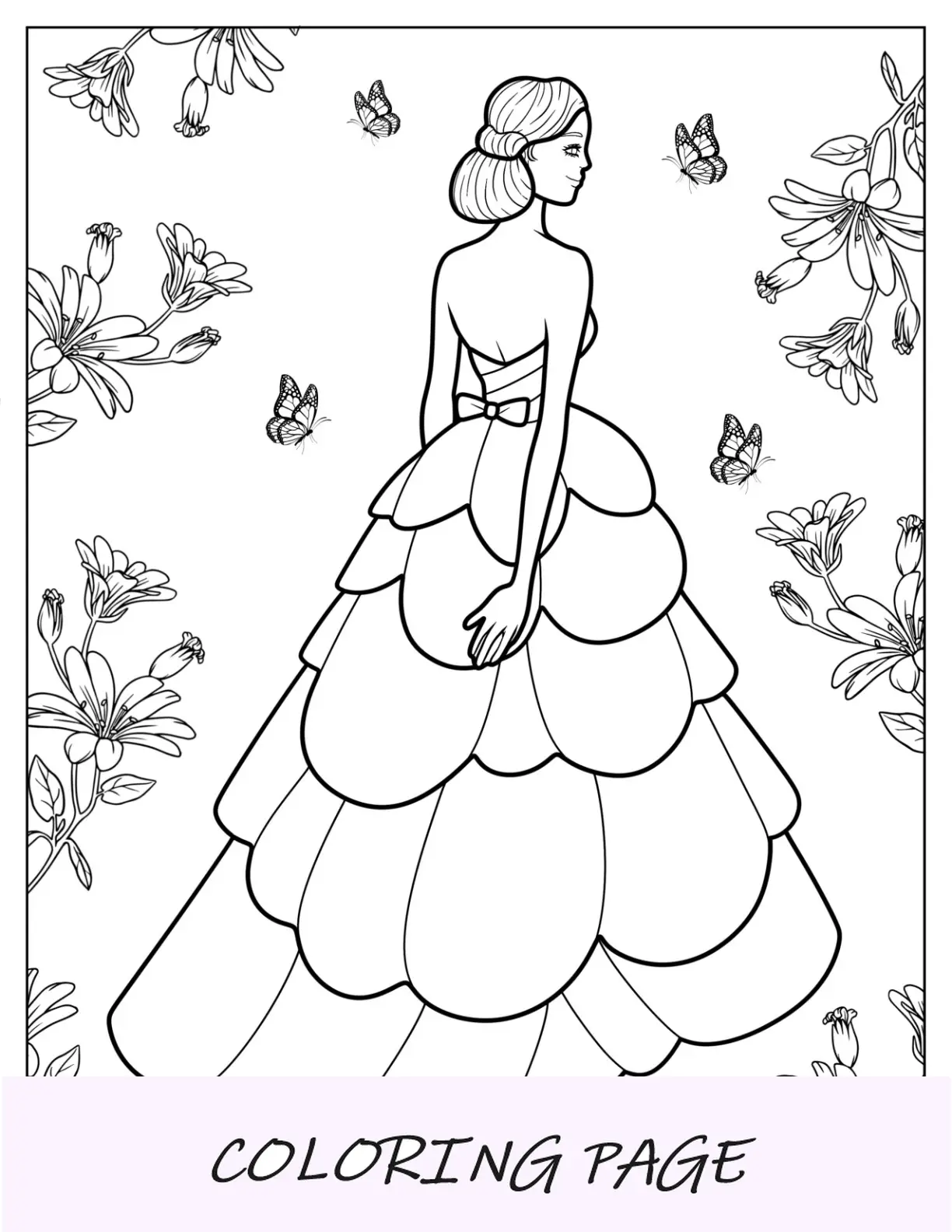 Página para colorir de vestido formal sem costas com saia em camadas