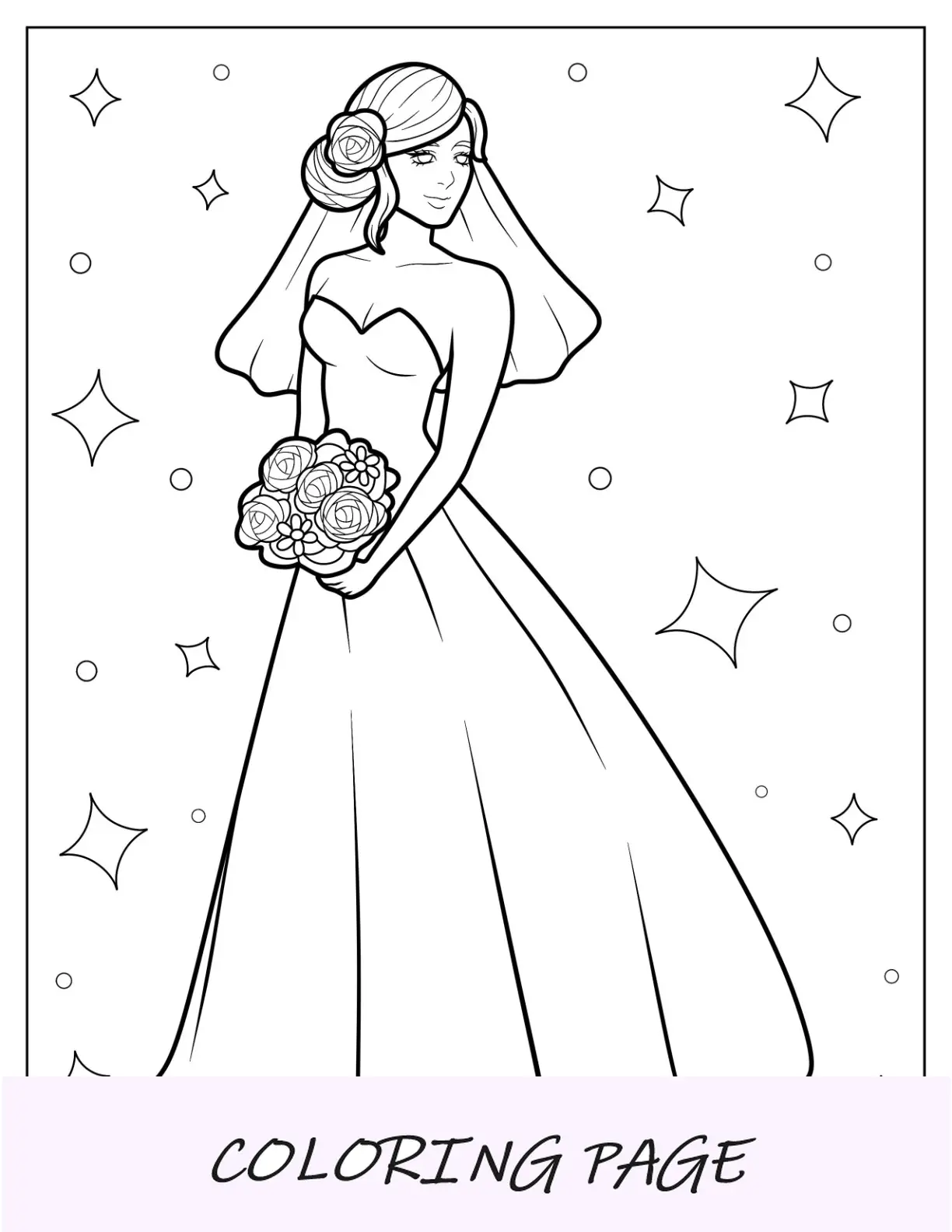 Página para colorir de noiva usando vestido simples com véu curto
