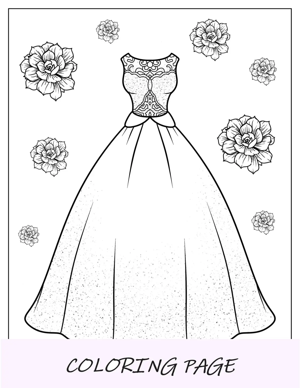 Página para colorir de vestido de comprimento total com corpete transparente de contas