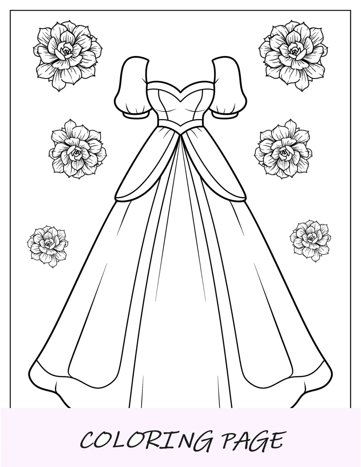Página neoclássica fácil para colorir de design de página para colorir de vestido para crianças