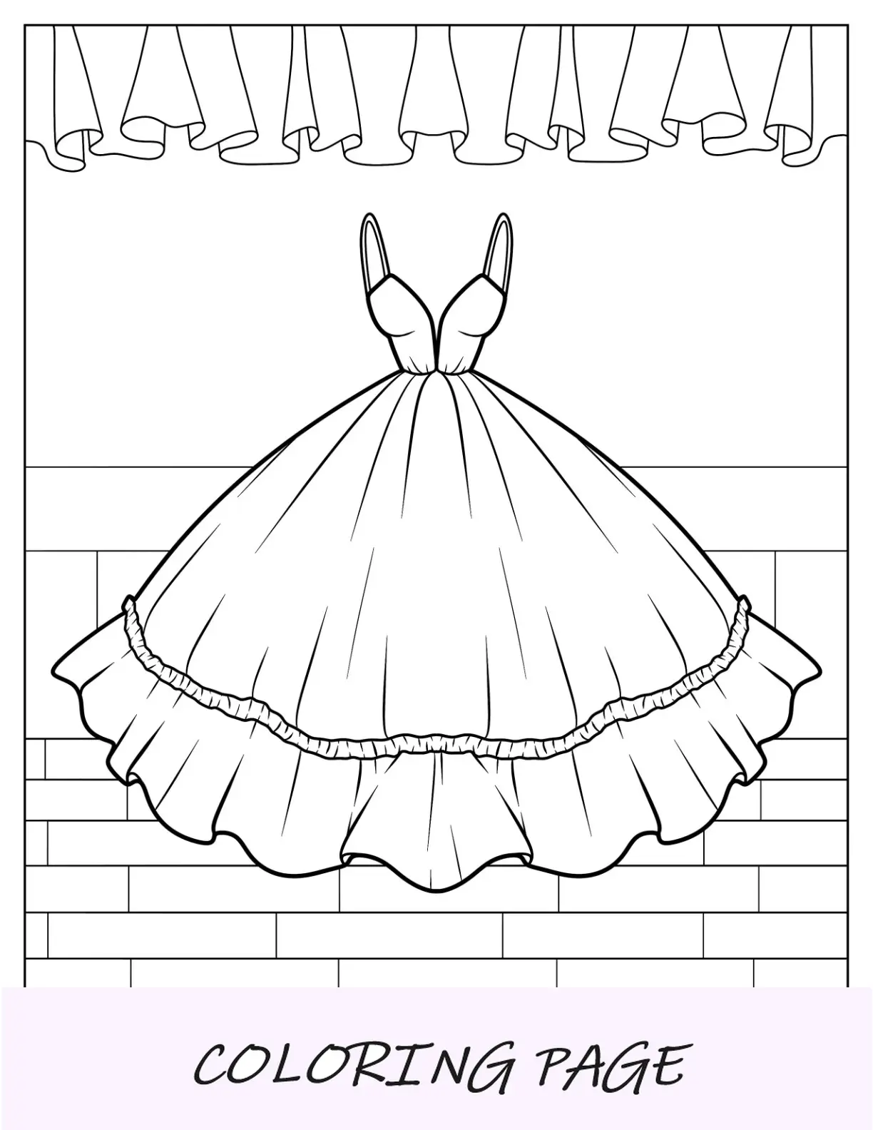 Página para colorir de vestido de alças com saia grande