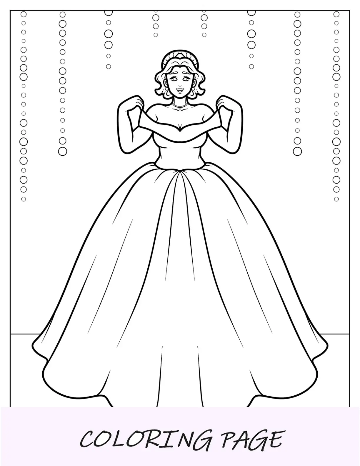 Vestido para colorir página de vestido de baile princesa sem ombro