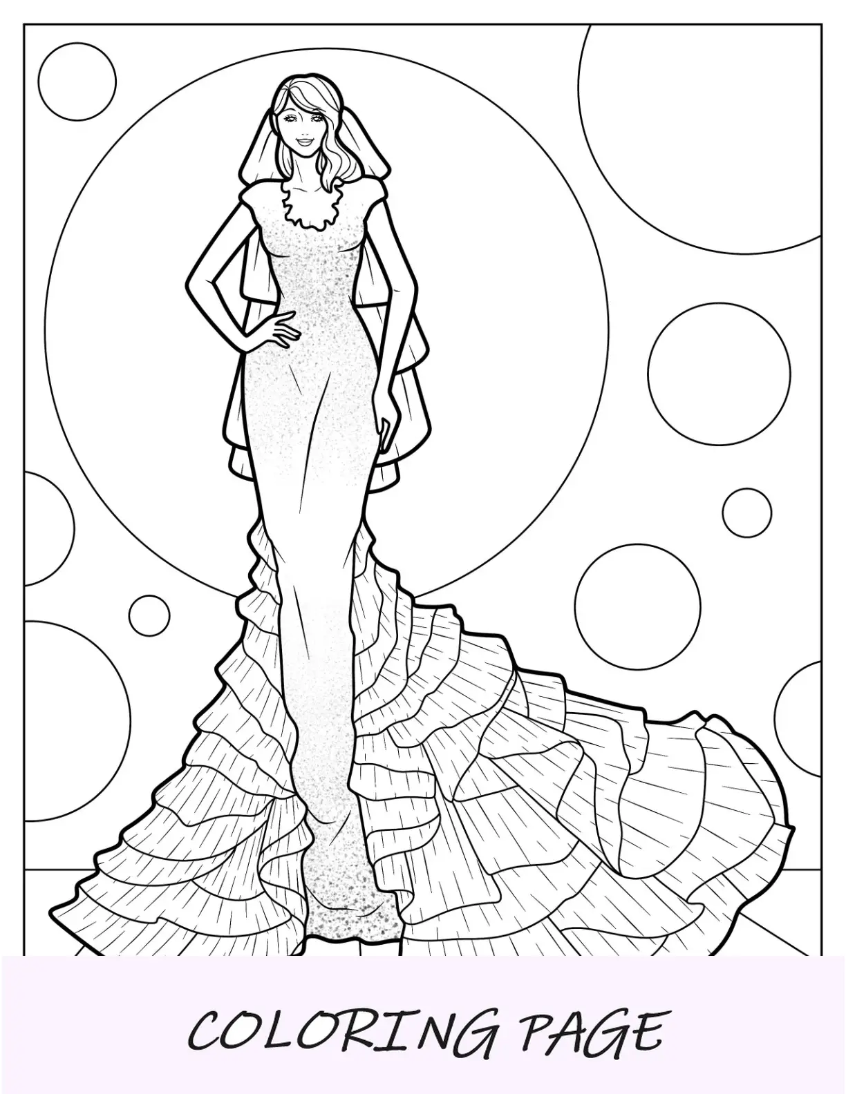 Página para colorir de vestido de noiva com mangas curtas e cauda de tule em camadas