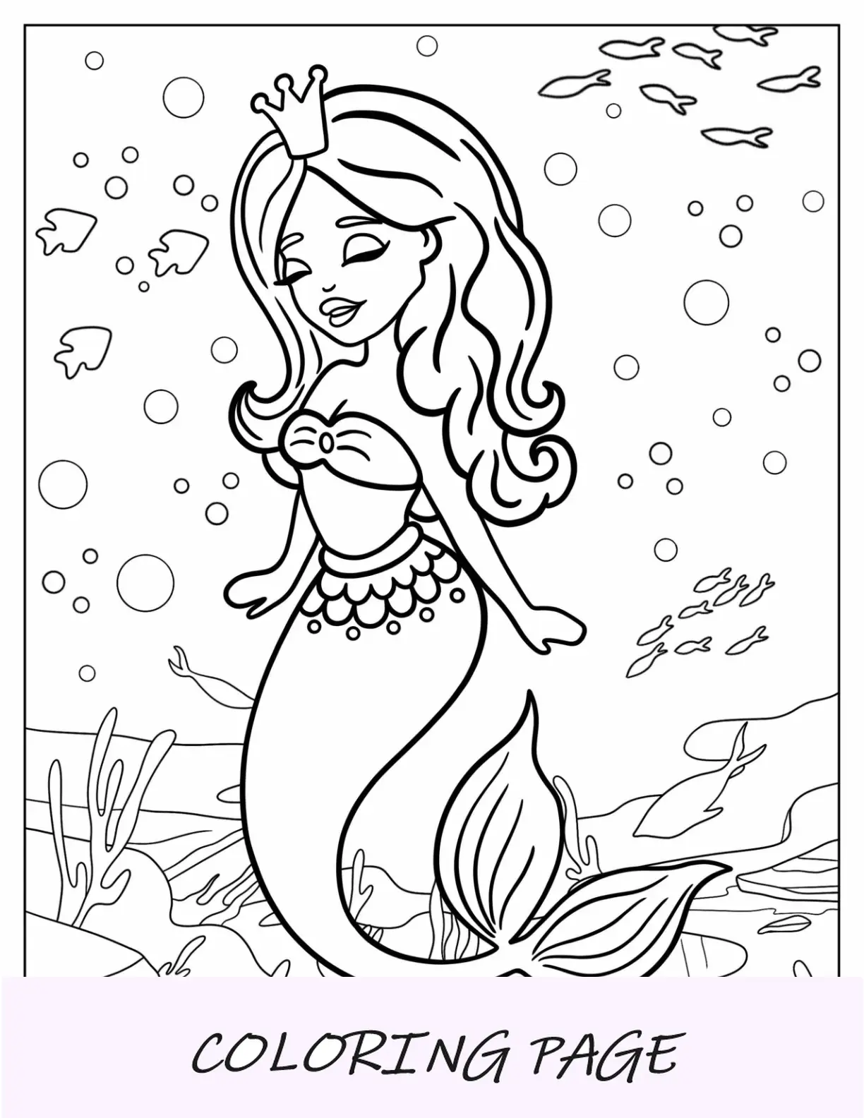 Página para colorir da princesa sereia no fundo do mar