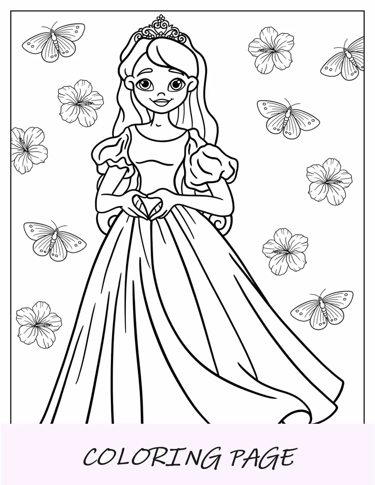 Página para colorir de princesa de desenho animado em vestido de baile