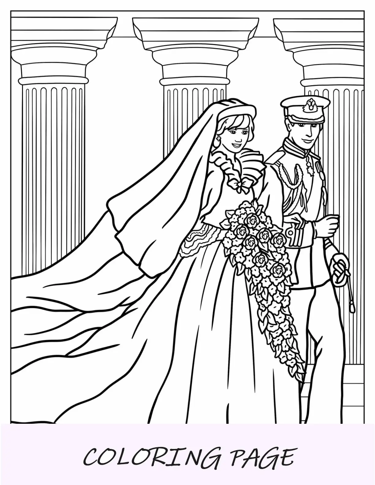 Página para colorir da princesa do casamento de Diana e do príncipe Charles