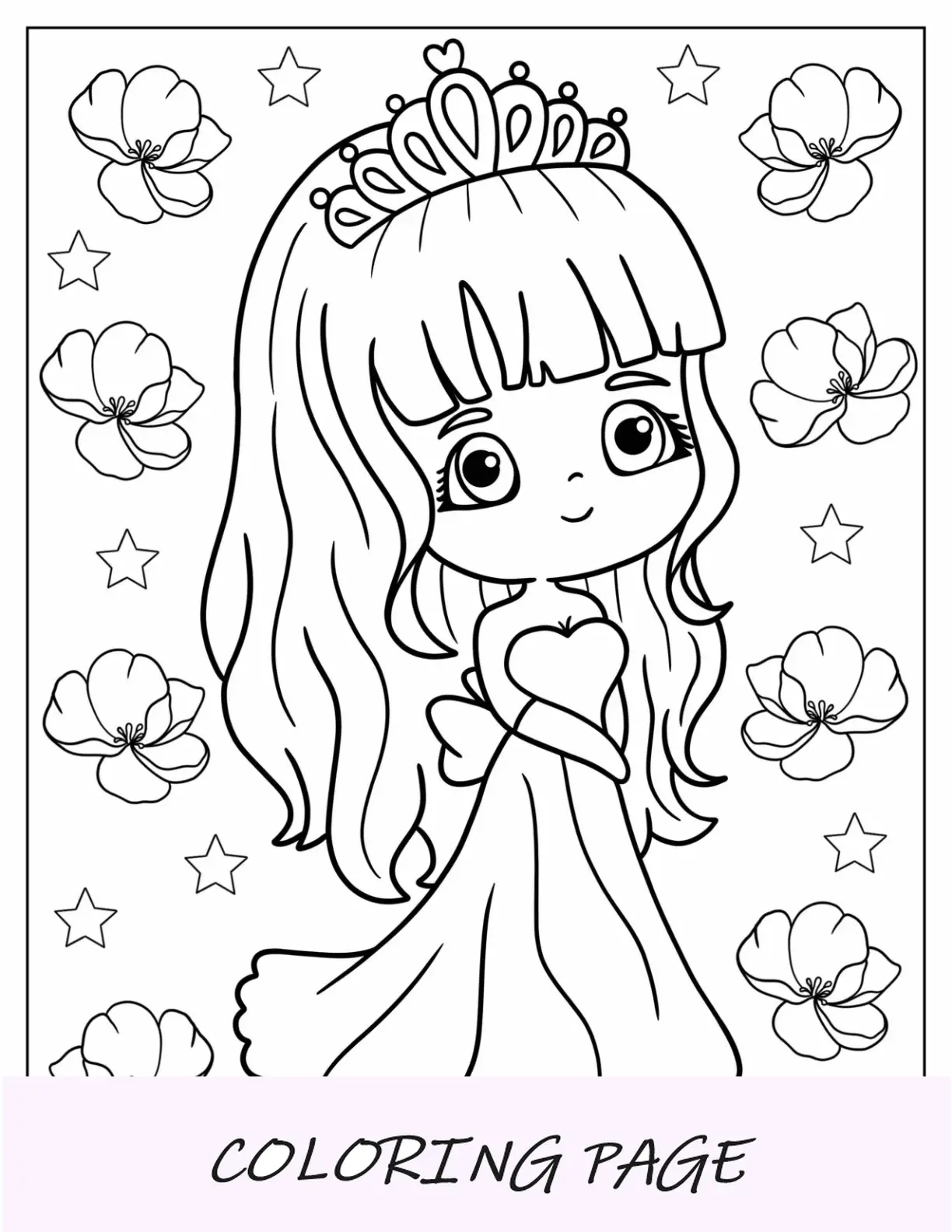 Página para colorir da princesa Chibi em vestido de baile