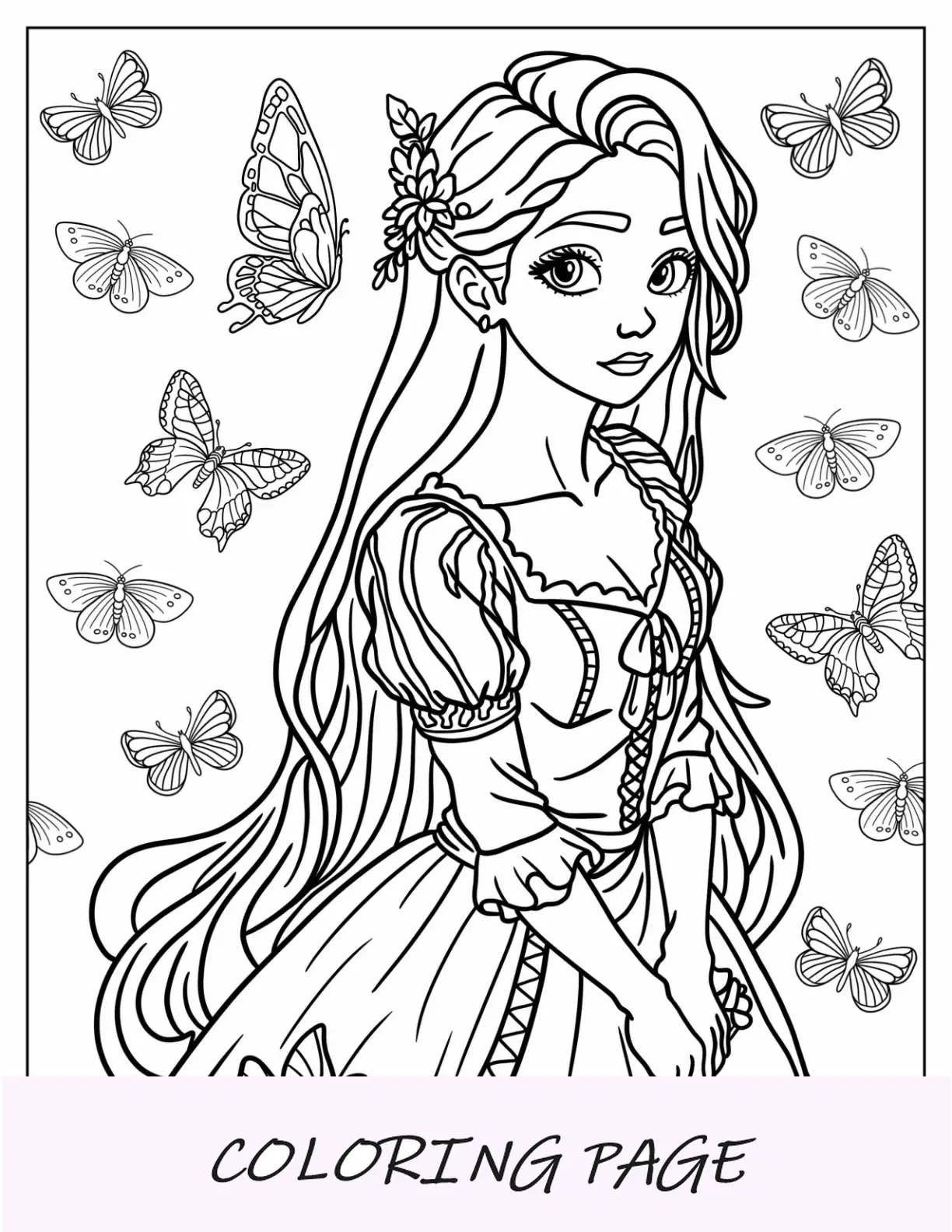 Desenho de princesa para colorir do anime Rapunzel com borboletas