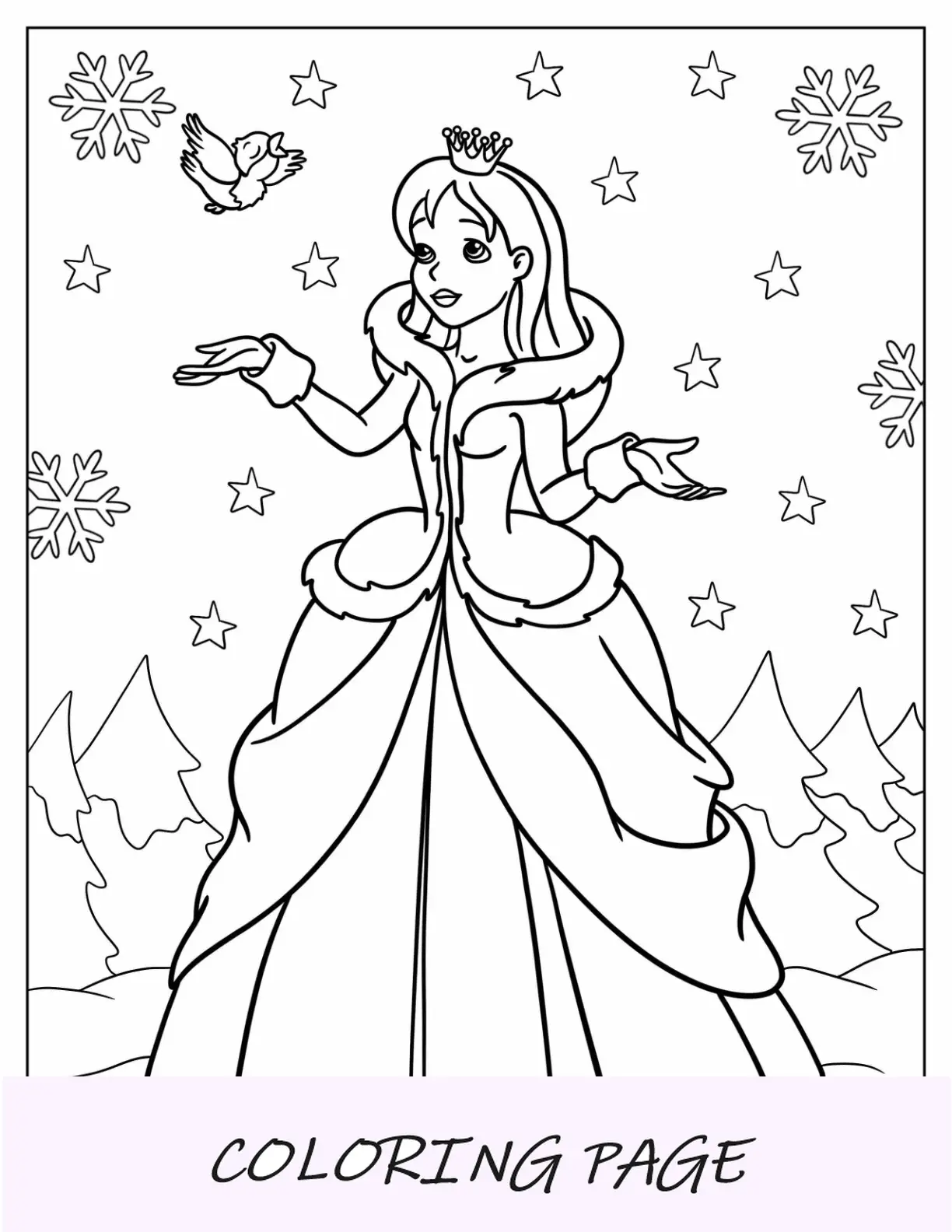 Princesa para colorir, ouvindo um pássaro no inverno