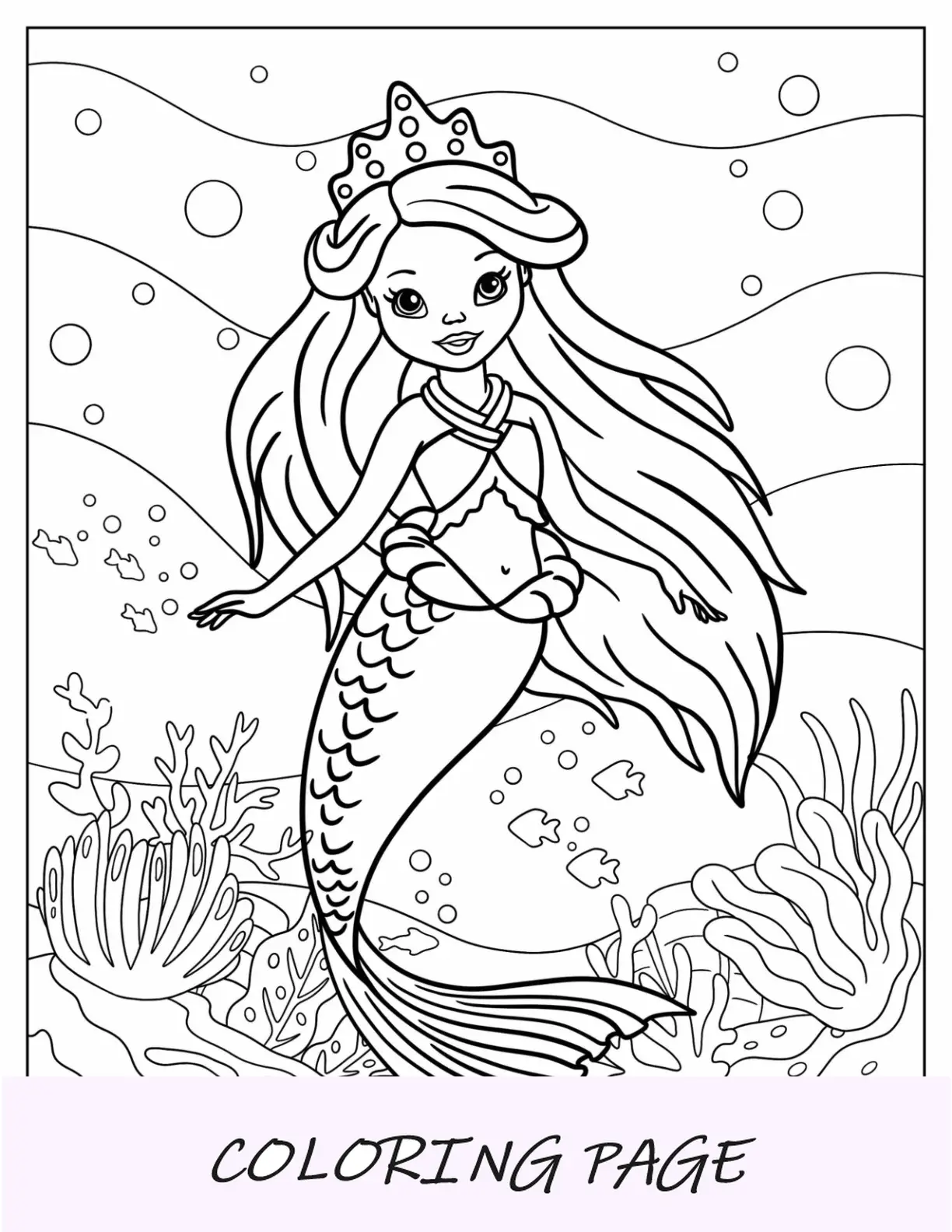 Página para colorir de jovem princesa sereia para crianças