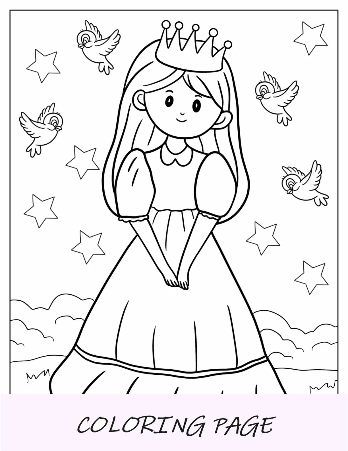 Esboço de página para colorir de princesa simples para crianças em idade pré-escolar