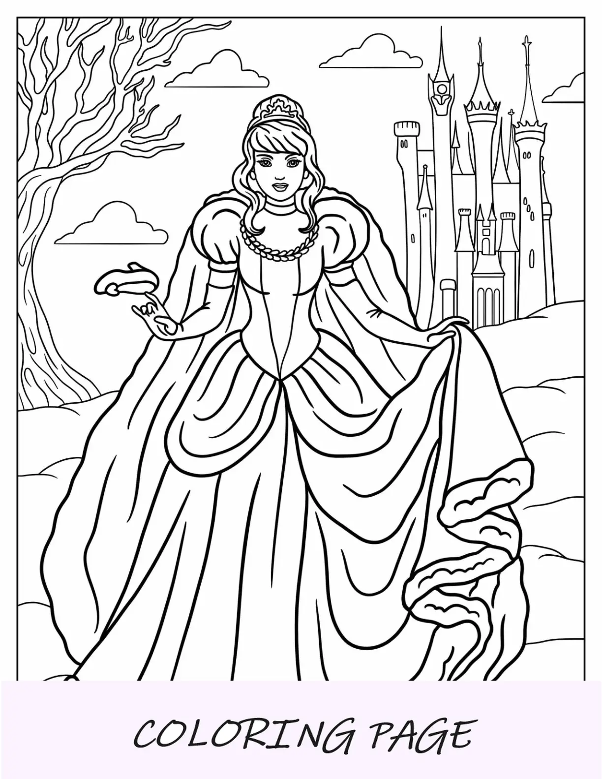 Princesa para colorir página da Cinderela fora do castelo segurando um sapatinho de cristal