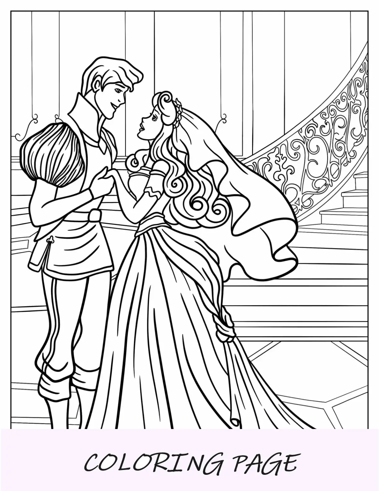 Página para colorir da princesa do príncipe Philip e do dia do casamento Aurora