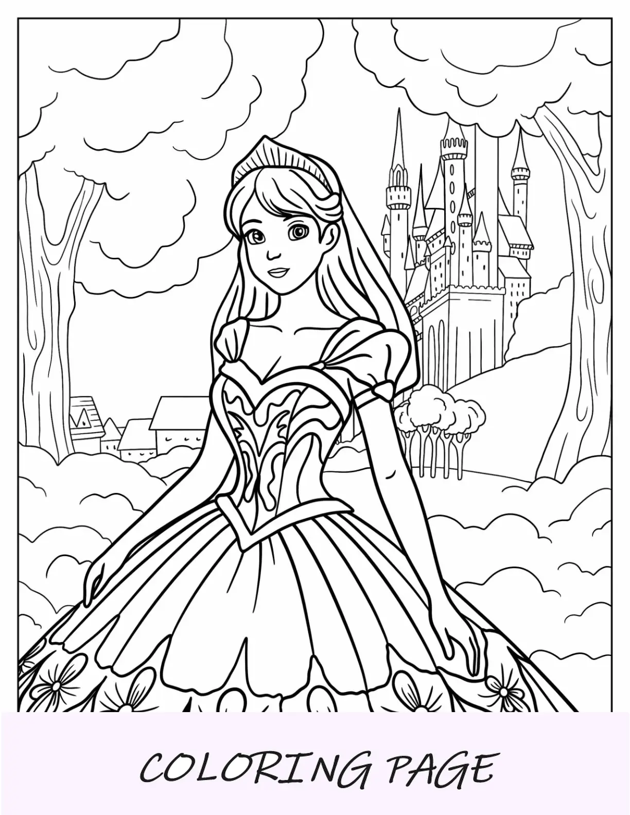 Página para colorir de princesa em vestido de noiva na frente do castelo