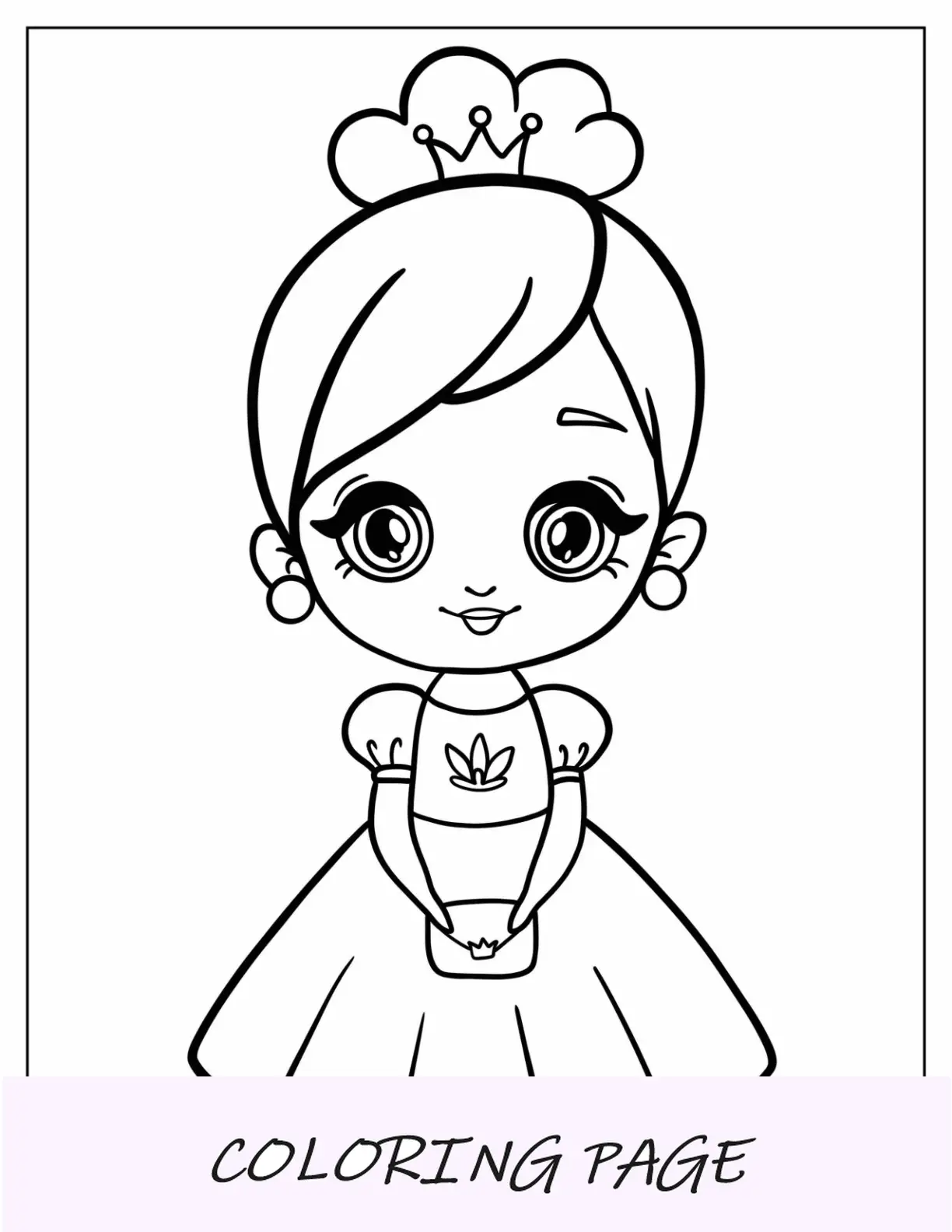 Página para colorir fofa da princesa Chibi para crianças em idade pré-escolar