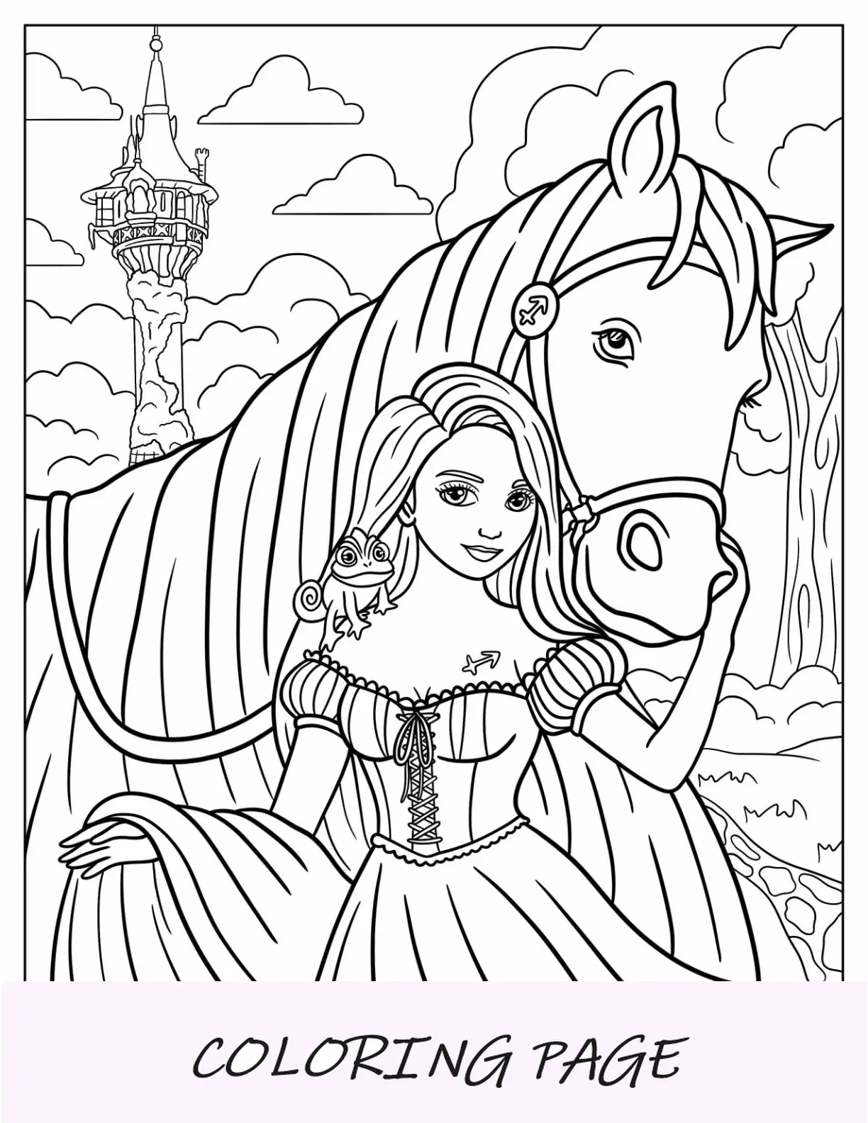 Desenho de princesa para colorir de Rapunzel com Pascal e Maximus emaranhados
