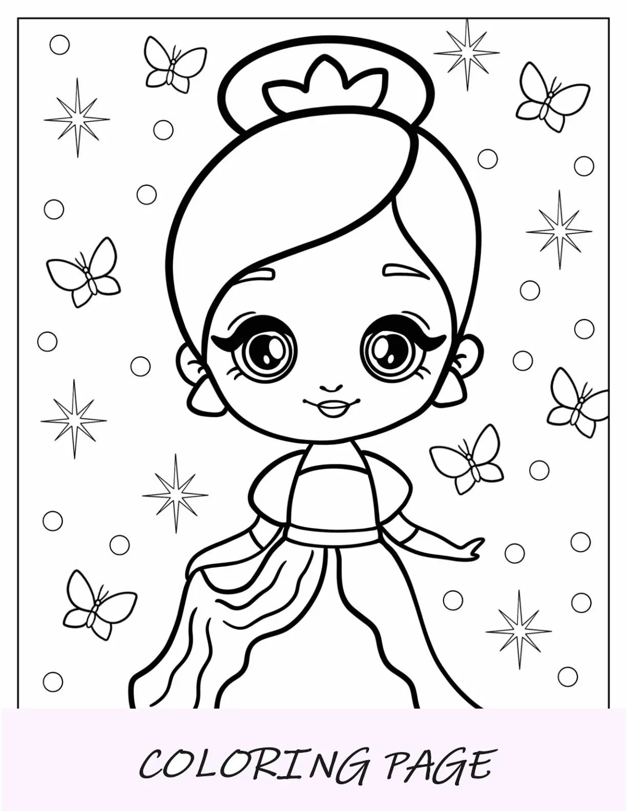 Página para colorir de princesa fofa com vestido de baile e luvas