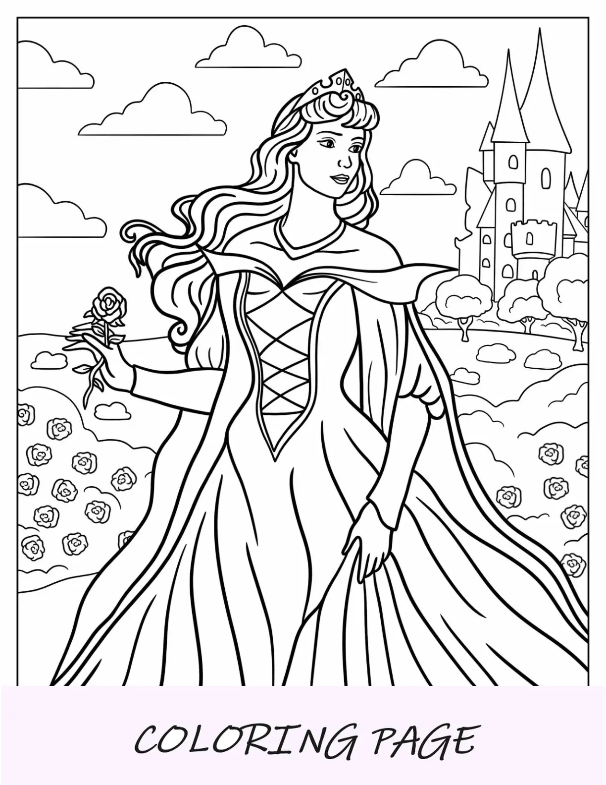 Princesa para colorir página de Aurora segurando uma rosa fora do castelo
