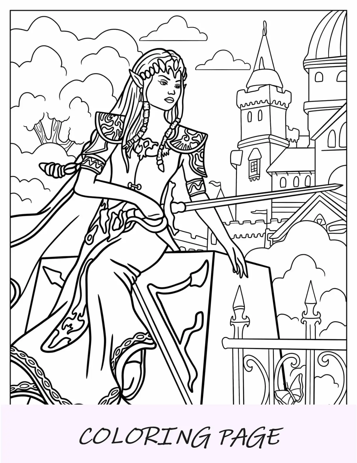 Página para colorir da princesa da princesa Zelda segurando a espada