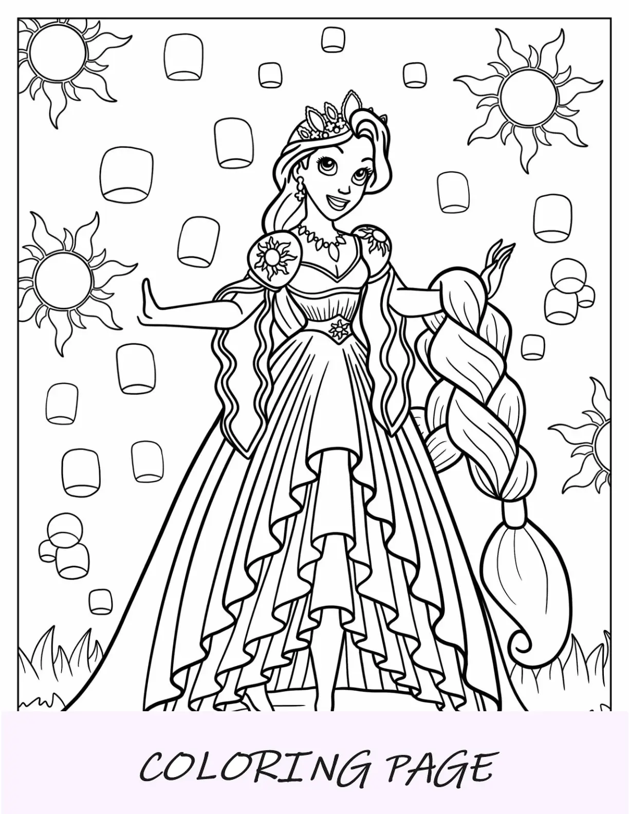 Página para colorir de princesa emaranhada de Rapunzel com lanternas no fundo
