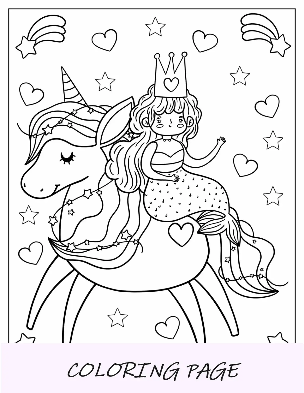 Página para colorir da princesa sereia sentada no unicórnio