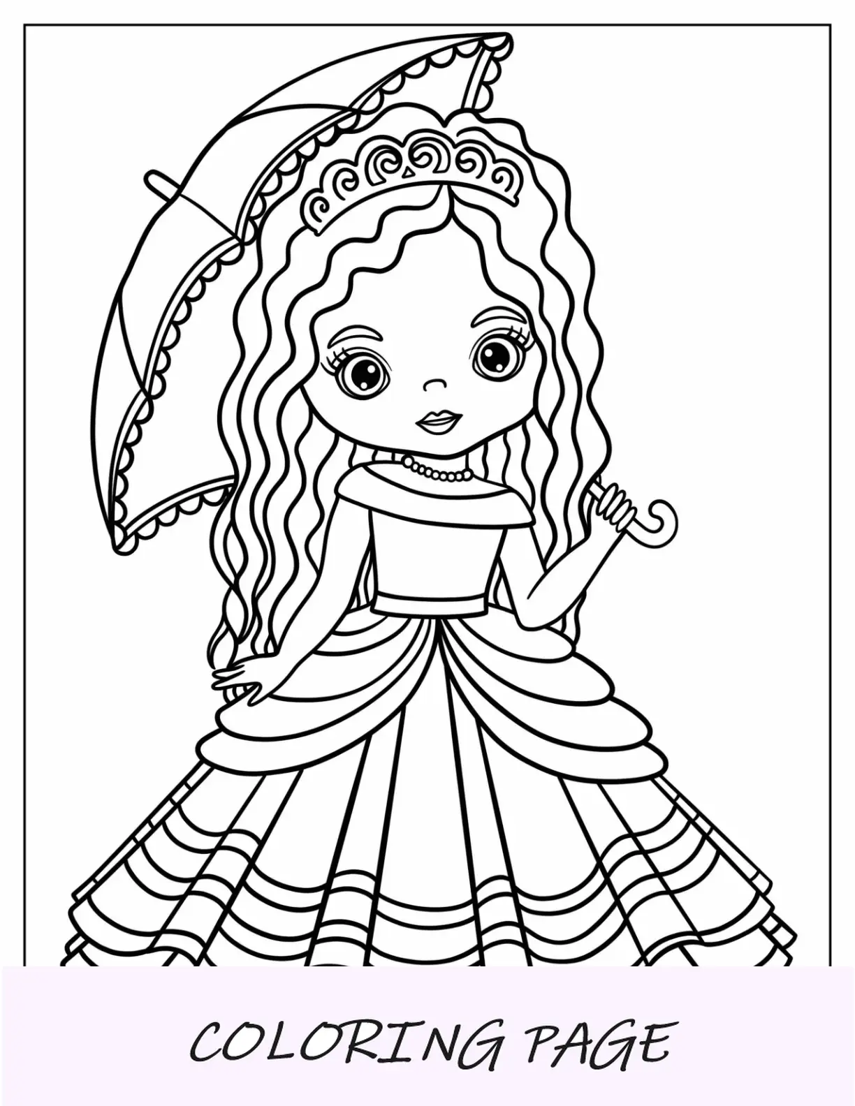 Página para colorir de princesa de uma princesinha fácil segurando um guarda-chuva