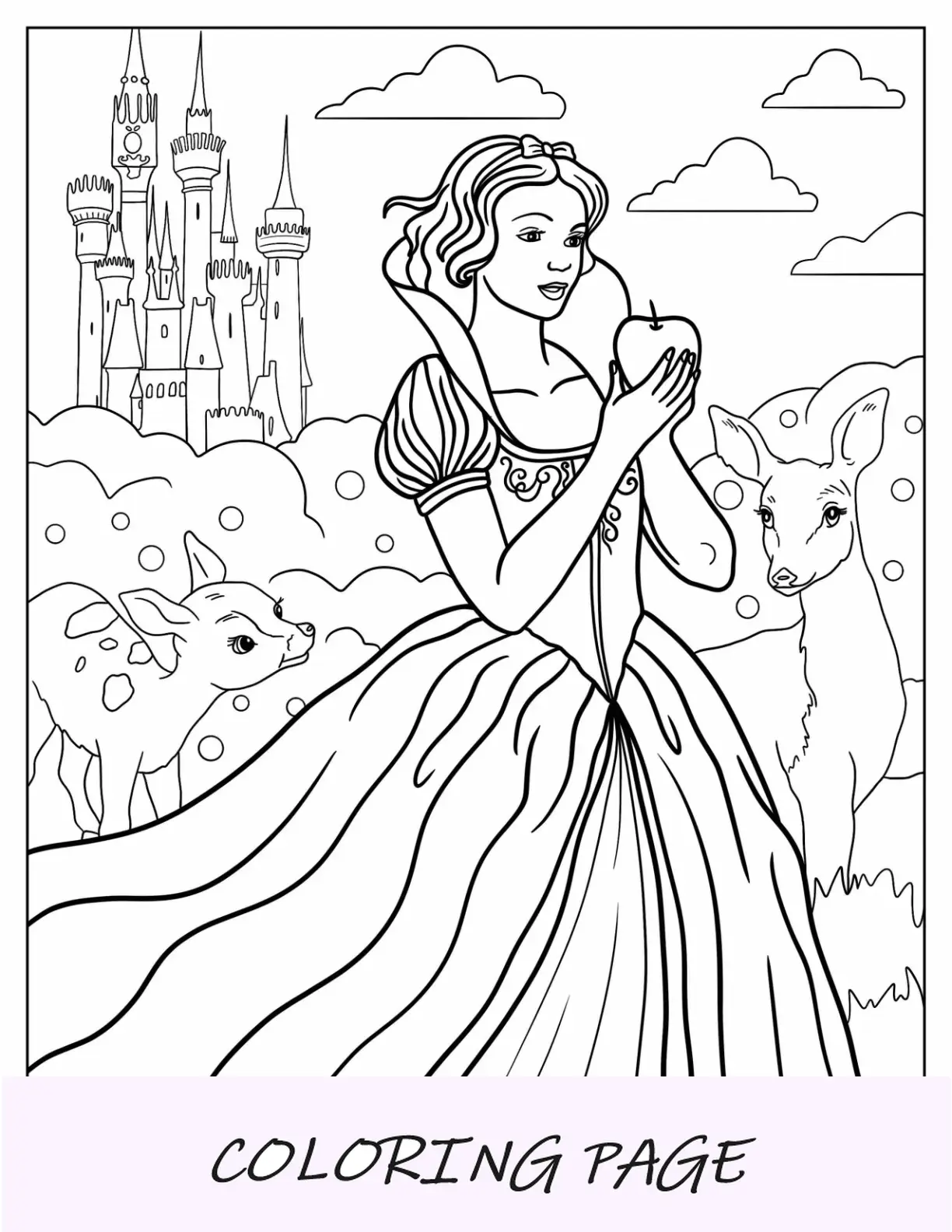 Princesa para colorir página de branca de neve realista segurando uma maçã